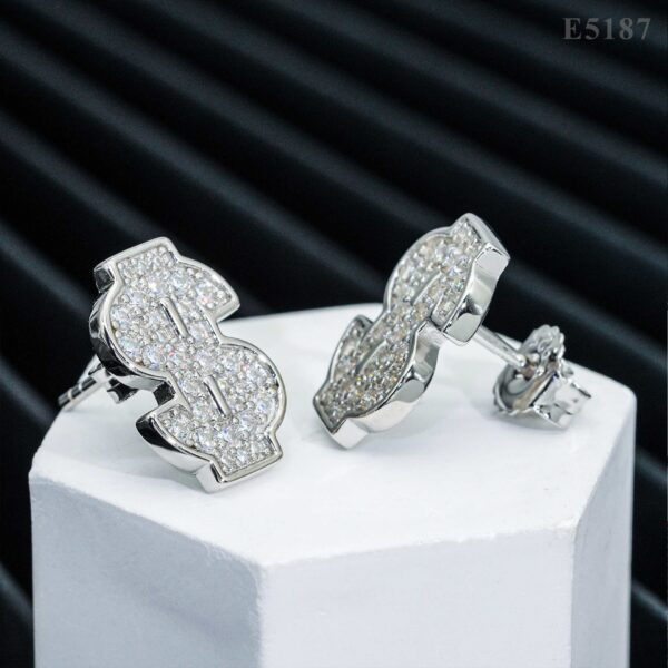 Moissanite Dollar Sign Stud Earrings – 925 Sterling Silver Bling Jewelry - Image 2