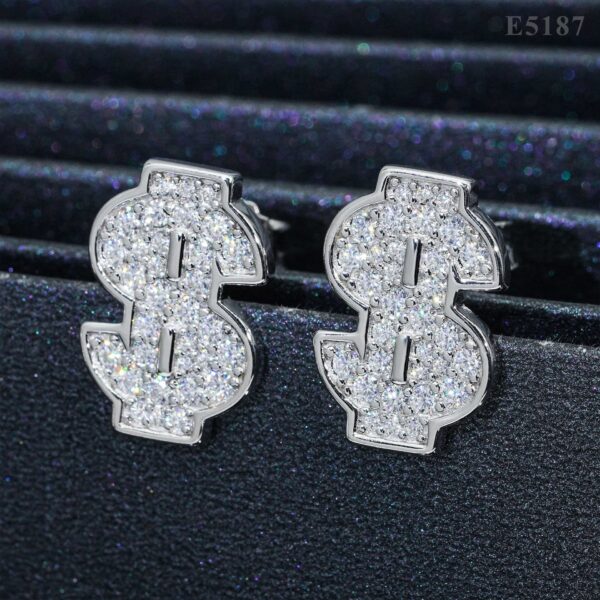 Moissanite Dollar Sign Stud Earrings – 925 Sterling Silver Bling Jewelry